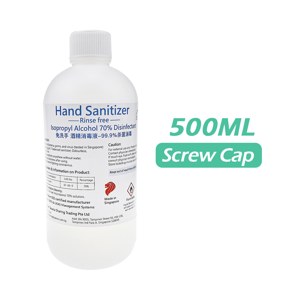 Hand sanitizer rinse free (moisturizing odourless & pH: 7)Isopropyl Alcohol Liquid disinfectant(kills 99.9% of bacteria) 500ml Screw Cap