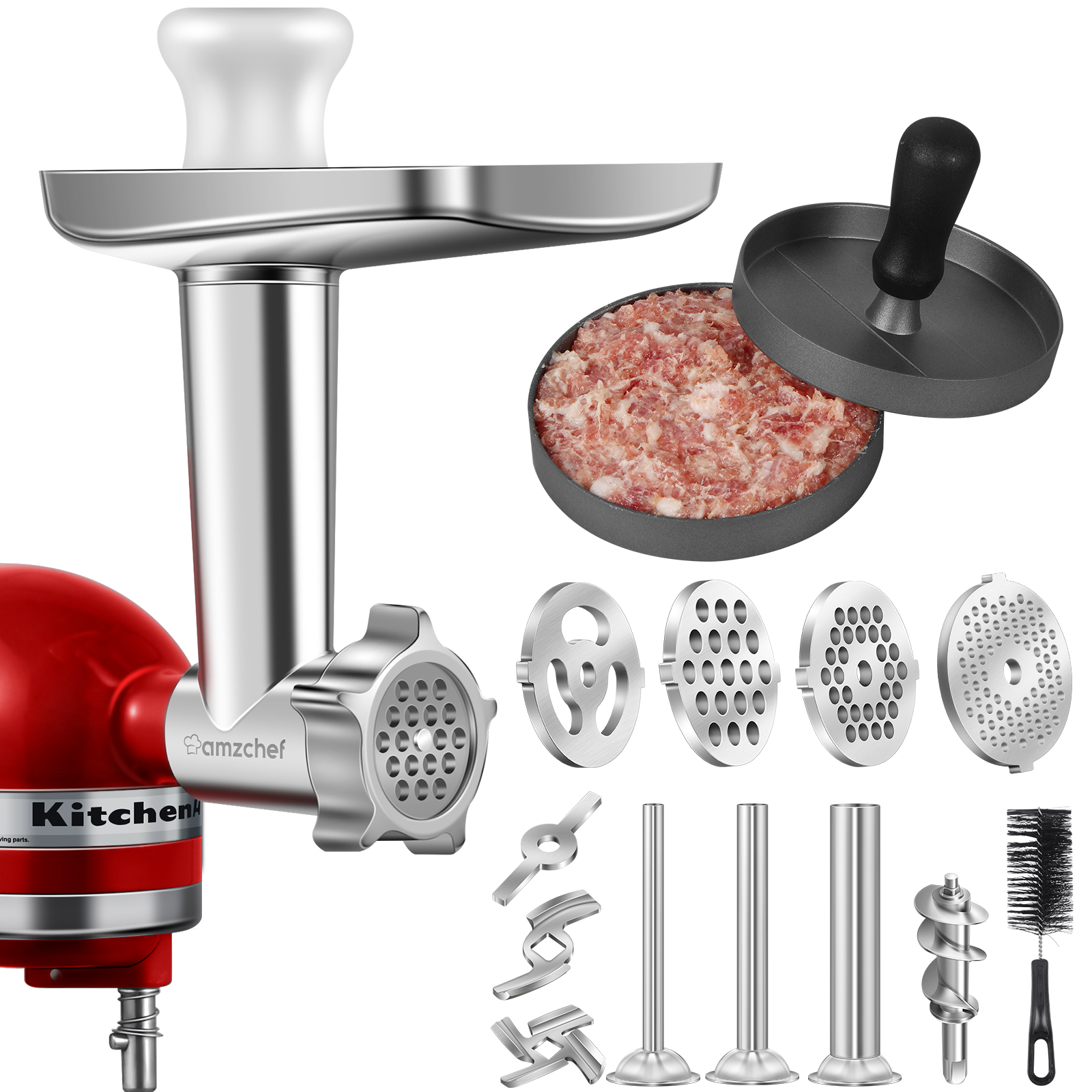 AMZCHEF Food Grinder Attachment Stand Mixer Accessories FGA Slicer and Shredder Meat Stuffer Burger Press For Stand Mixer Artisan Fine Coarse Grinding Plate Grind Meat Sausage Vegetables Cheese For K